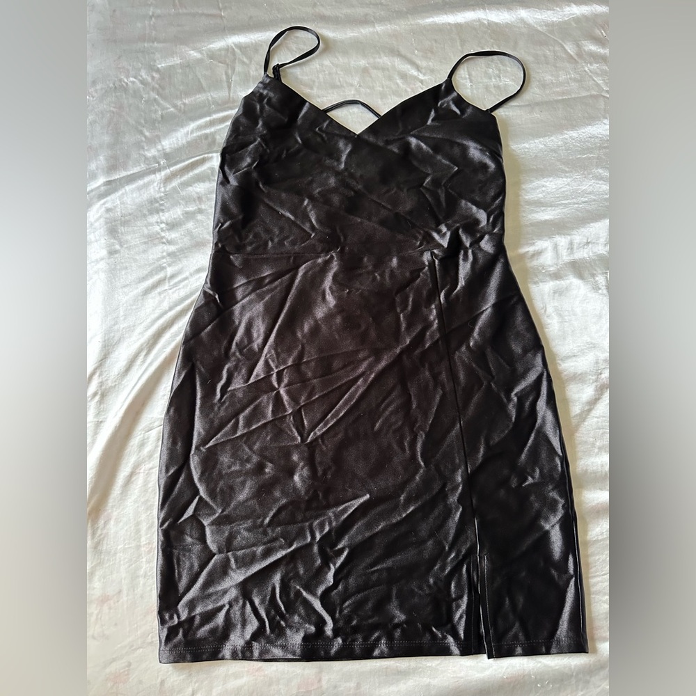 Black satin mini dress